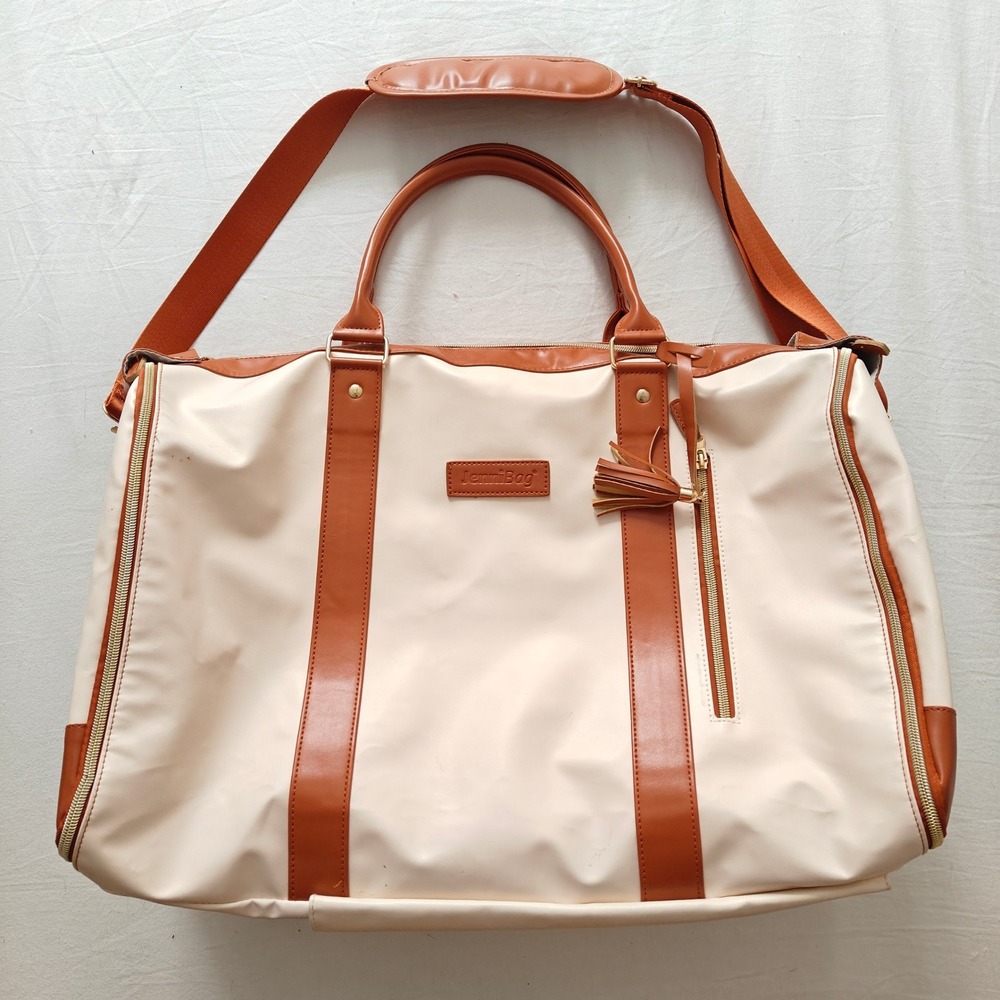 JenniBag Convertible Garment Duffel Bag Cream Brown Gold Hardware Travel Bag